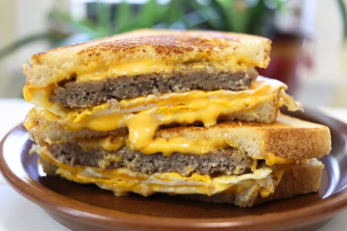 Sausage and egg grilled cheese sandwich cut and stacked on a brown plate.