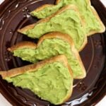 Four slices of avocado toast with “5 Minute Breakfast Simple Avocado Toast” text overlay.