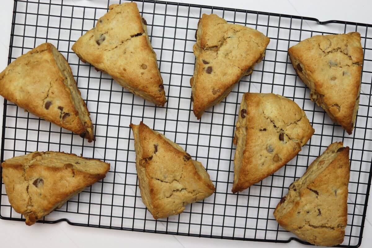 Peanut butter scones with chocolate chips cooling on a wire baking rack.