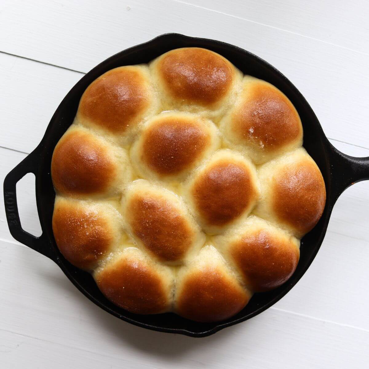 Homemade dinner rolls with browned tops baked together in a cast iron skillet.