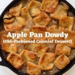 Apple pan dowdy baked in a cast iron skillet with the text "Apple Pan Dowdy (Old-Fashioned Colonial Dessert)".