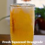 Iced orangeade in a clear glass with the text "Fresh Squeezed Orangeade (Country Fair Recipe)".