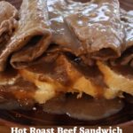 Open-faced hot roast beef sandwich with homemade brown gravy on white bread. Text reads "Hot Roast Beef Sandwich (classic diner-style)".