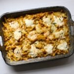 Baked pumpkin pasta with ziti, melted cheese, ricotta, fresh herbs, and smoked paprika.