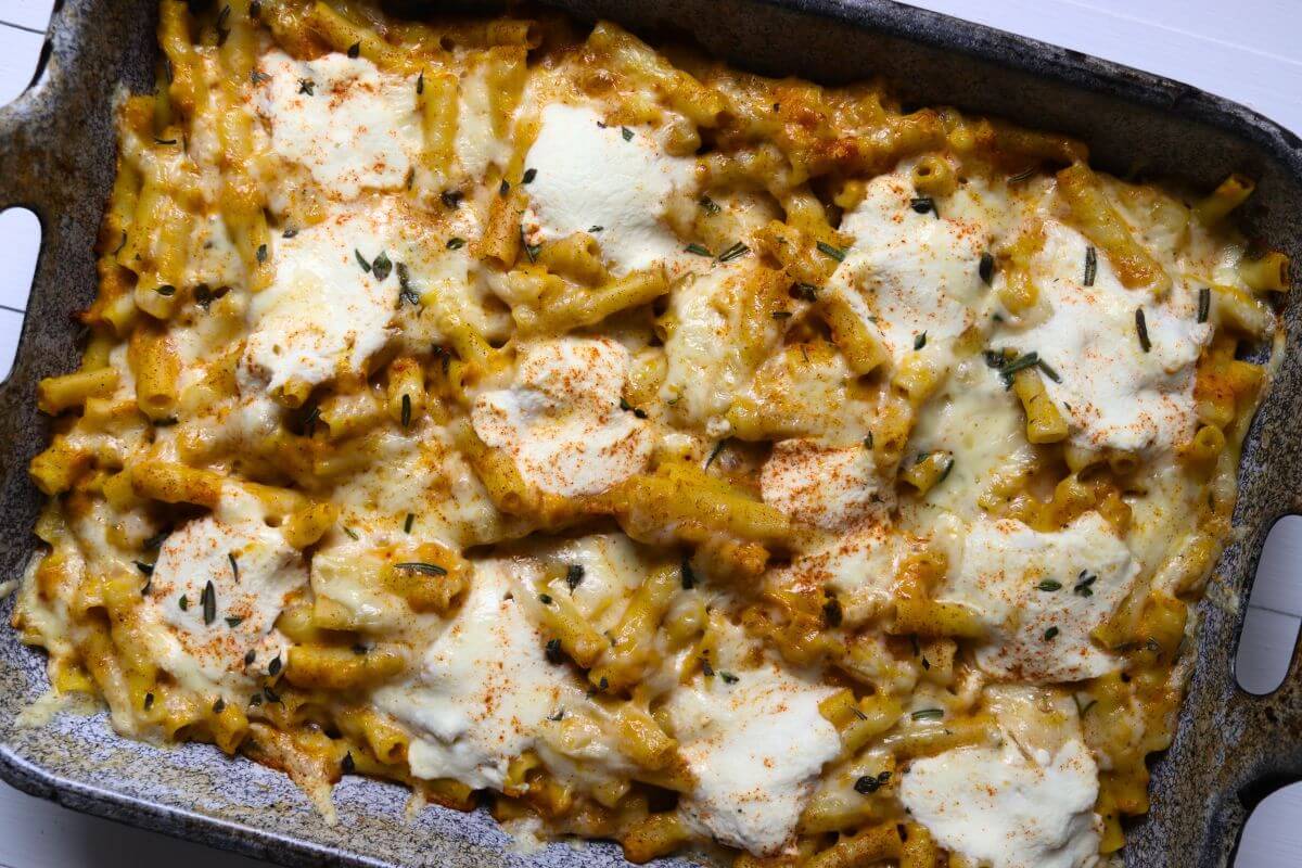 Cheesy baked pumpkin pasta topped with ricotta dollops, rosemary, thyme, and smoked paprika.