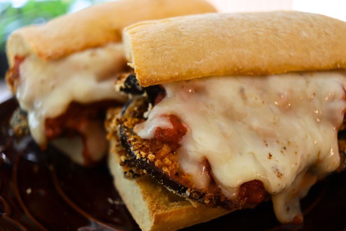 Toasted baguette filled with crispy breaded eggplant, marinara sauce, and melted Monterey Jack cheese.