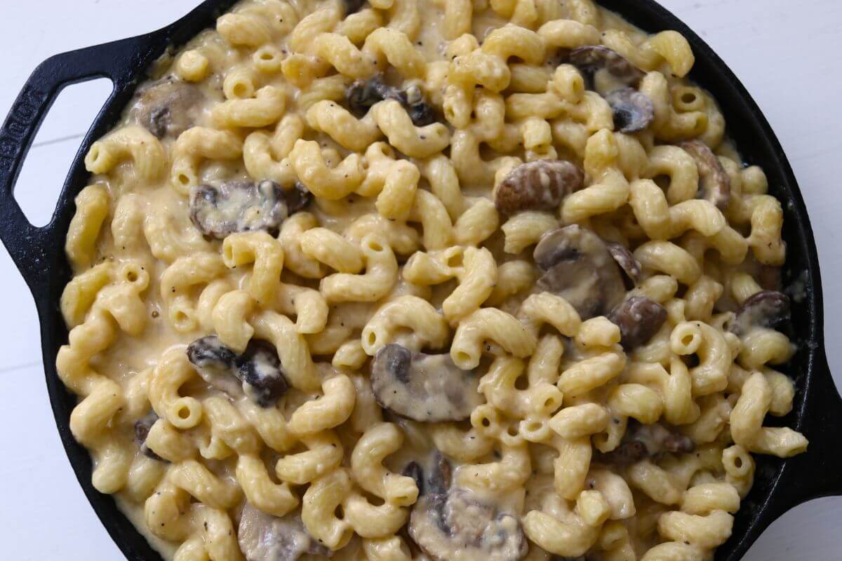 Cavatappi macaroni and cheese with sliced mushrooms and creamy cheese sauce in a cast iron skillet.