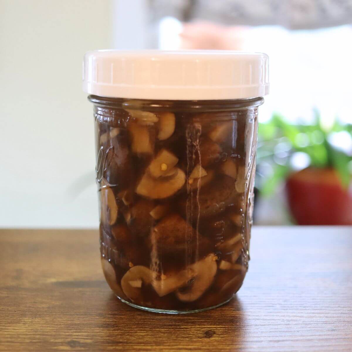 Pickled mushrooms packed in a glass pint jar with brown brine and a white lid.