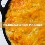 Traditional cottage pie with golden cheddar potato topping and text overlay reading “Traditional Cottage Pie Recipe".