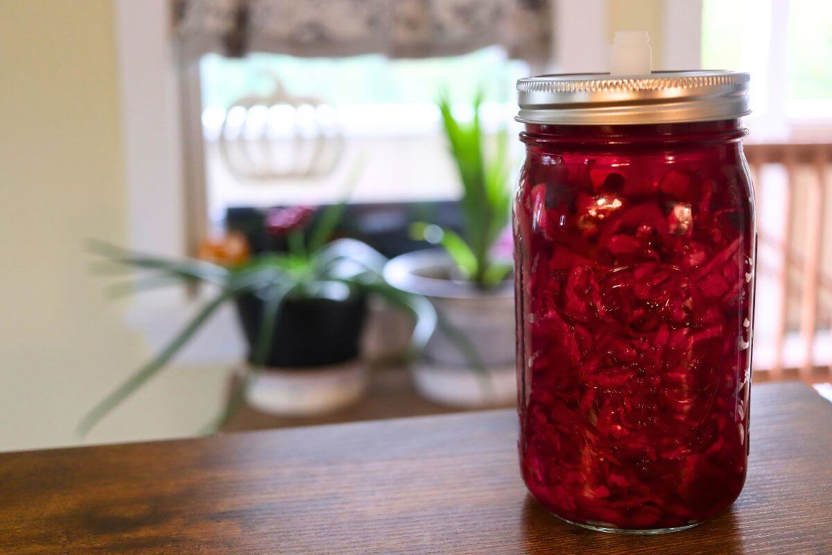 Glass quart jar filled with vibrant red homemade beet sauerkraut and topped with a fermentation lid.