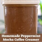 Homemade peppermint mocha coffee creamer in a glass jar with text reading “Homemade Peppermint Mocha Coffee Creamer".