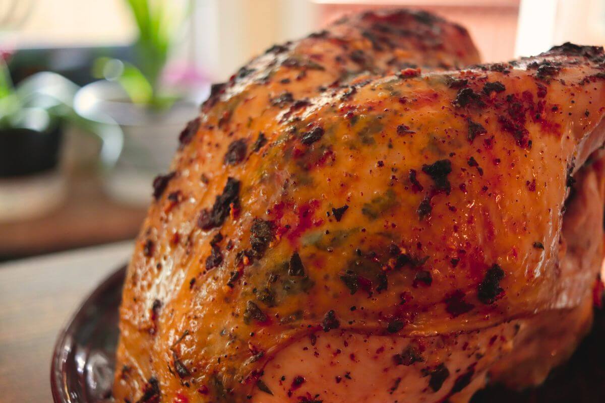 Golden-brown roasted turkey breast with glossy skin covered in browned herbs and seasonings.
